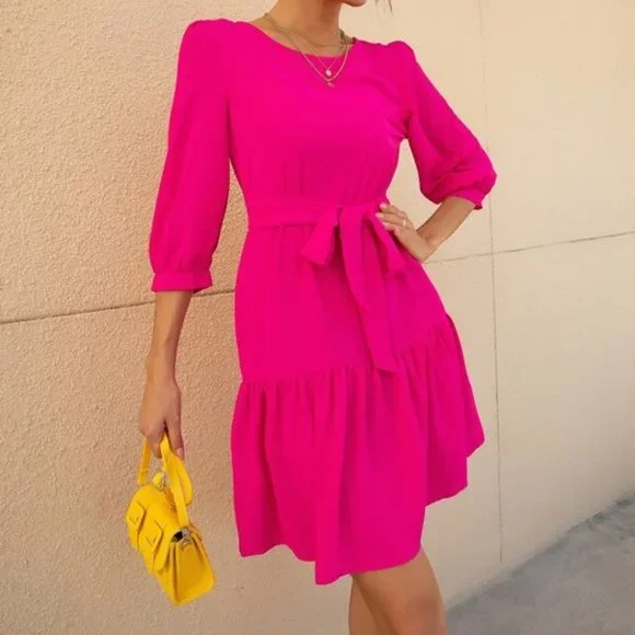 Hot Pink  Bishop Sleeve Ruffle Hem Belted Dress - Picture 3 of 12